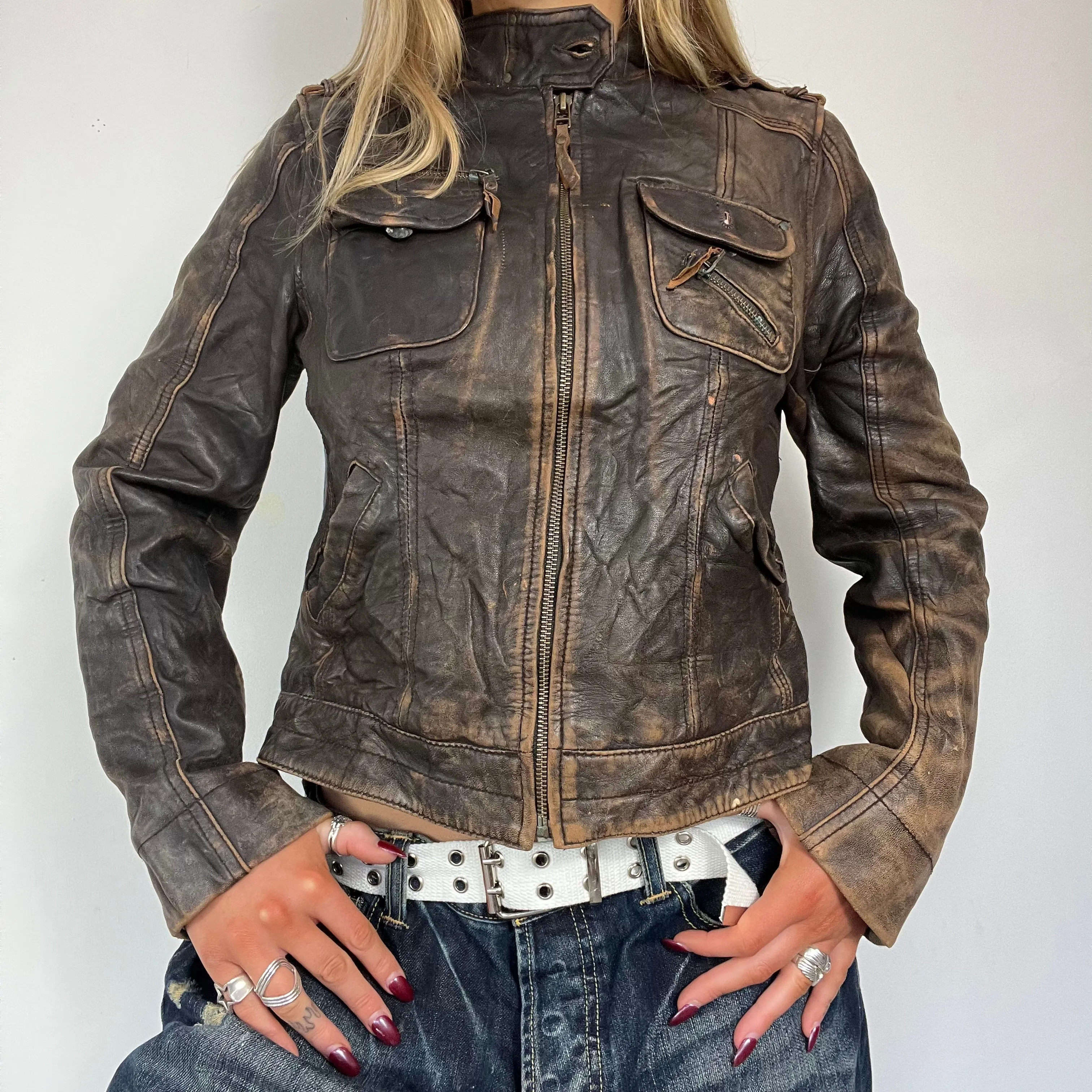 90s real leather distressed jacket - Size S/M