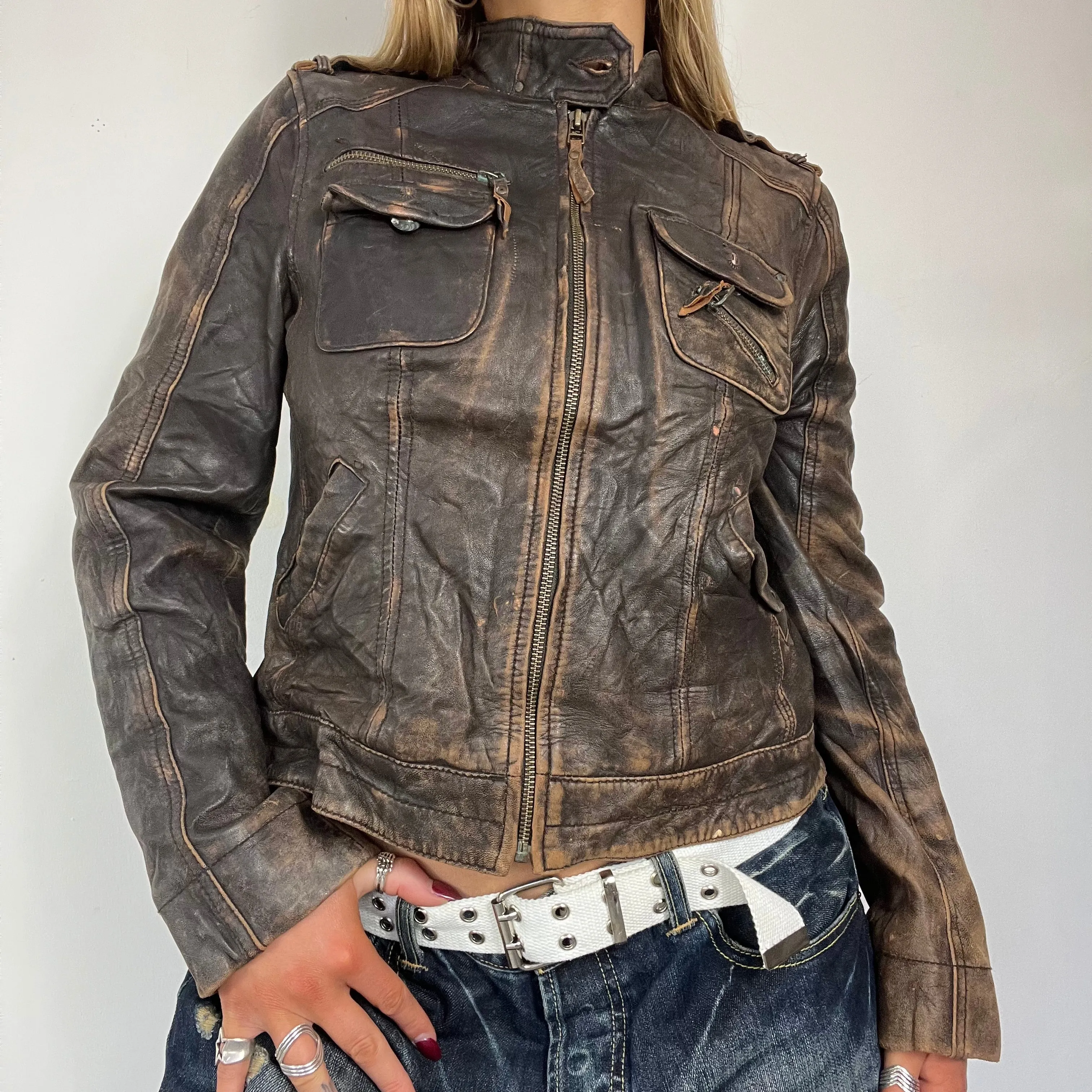 90s real leather distressed jacket - Size S/M