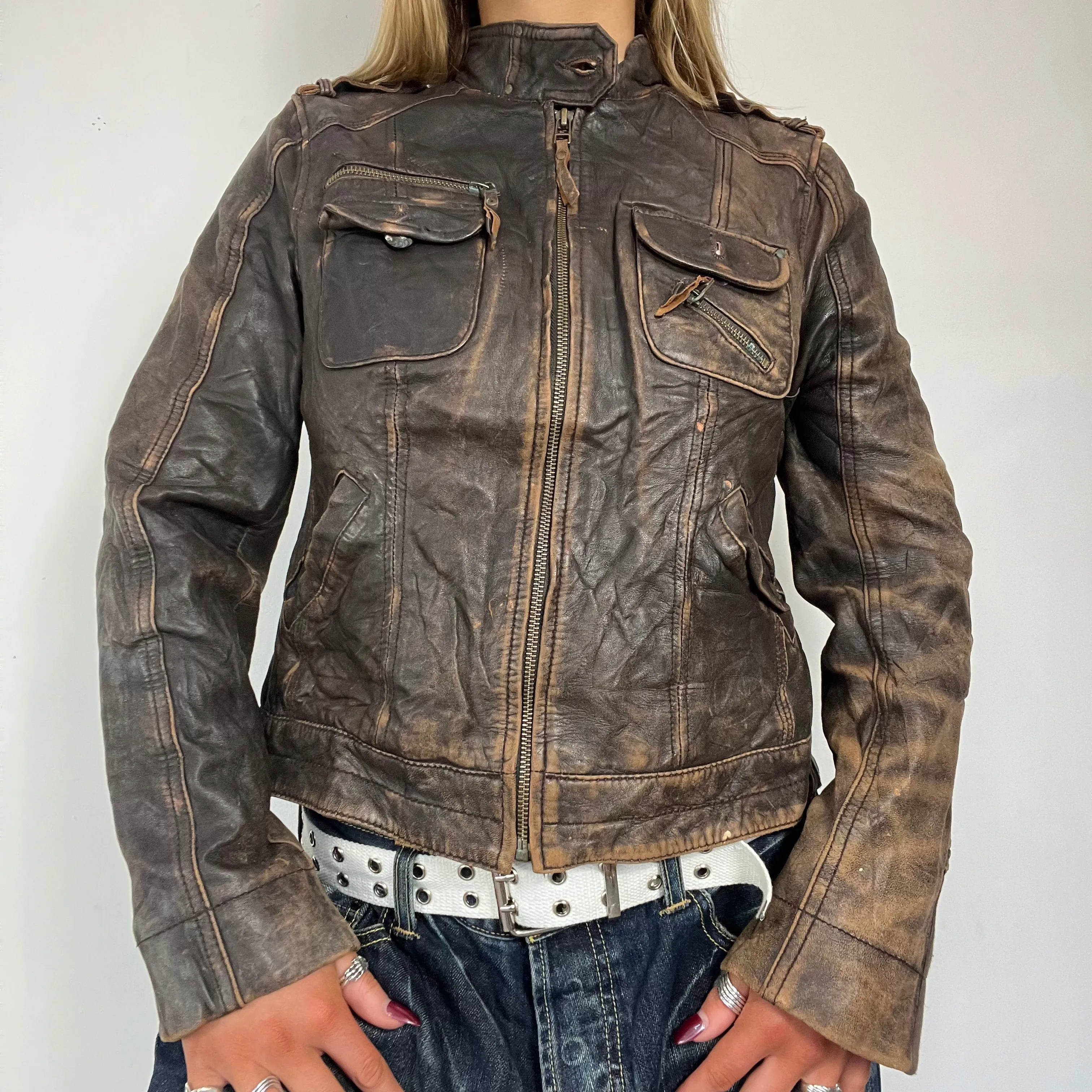 90s real leather distressed jacket - Size S/M