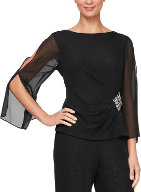 Alex Evenings Women's Metallic Knit Blouse, Formal Dress Shirt (Petite and Regular Sizes)