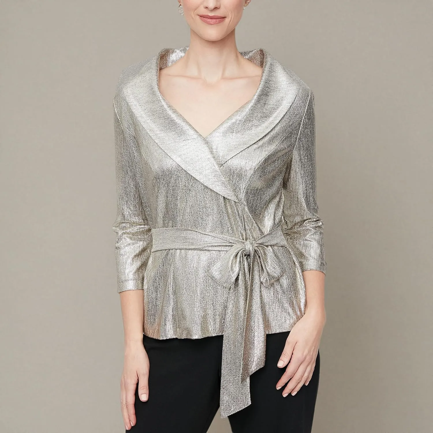 Alex Evenings Women's Metallic Knit Blouse, Formal Dress Shirt (Petite and Regular Sizes)