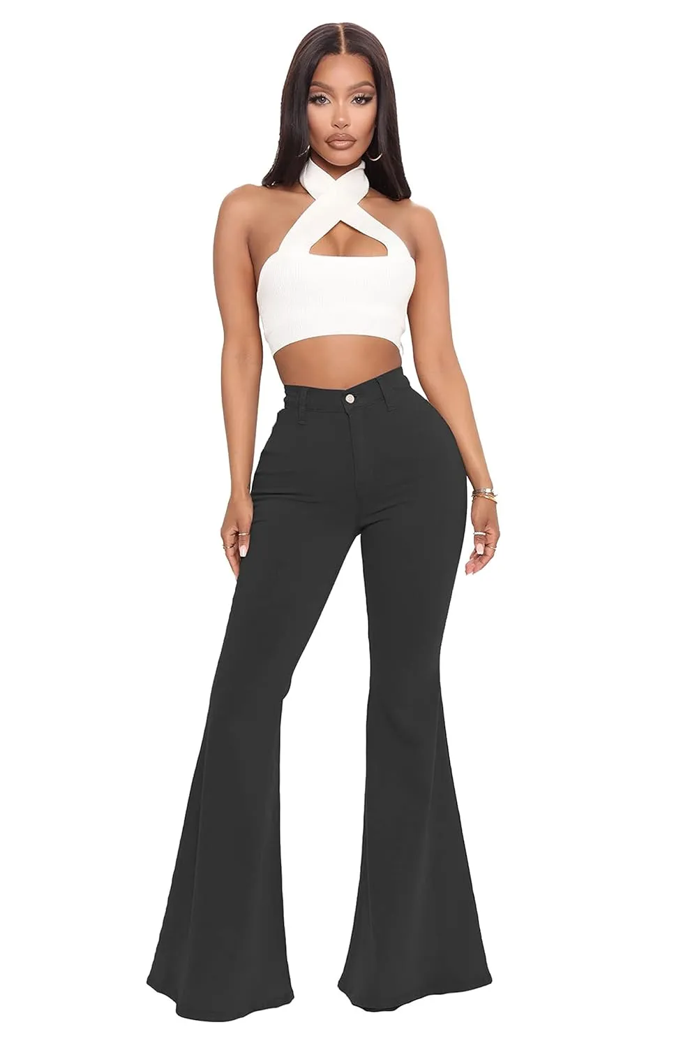 Bell Bottom Jeans for Women High Waisted Raw Hem Flared Jeans Stretch Slimming Wide Leg Flared Denim Pants (Medium,Black)