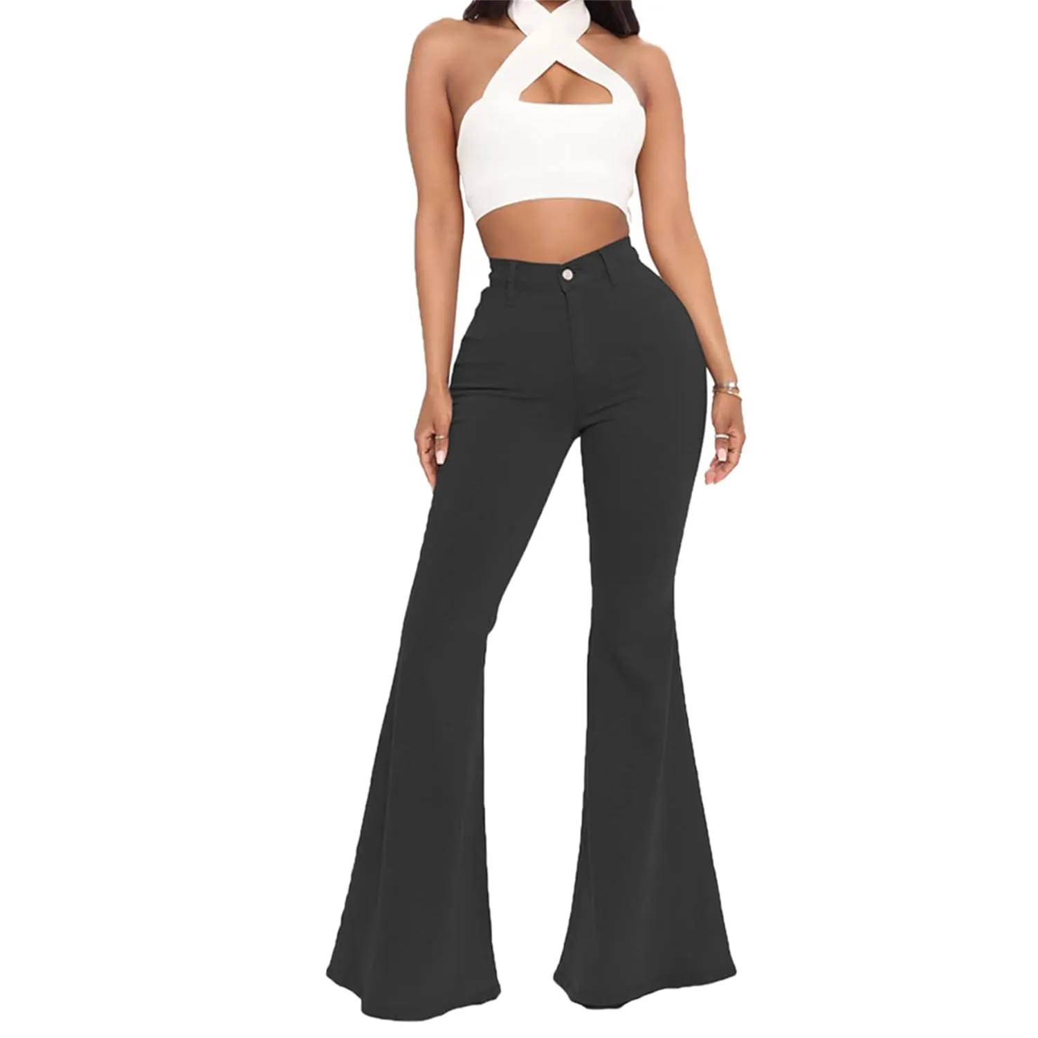 Bell Bottom Jeans for Women High Waisted Raw Hem Flared Jeans Stretch Slimming Wide Leg Flared Denim Pants (Medium,Black)