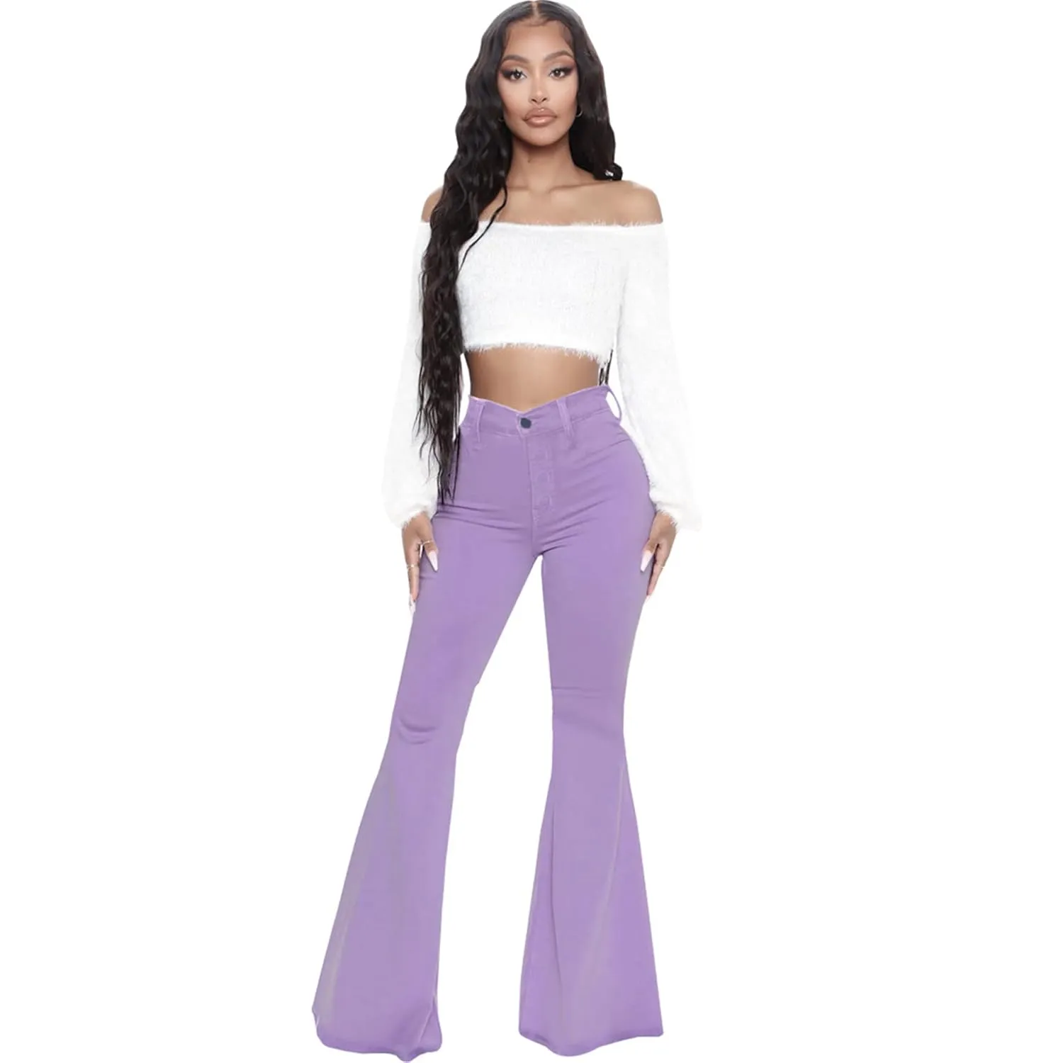 Bell Bottom Jeans for Women High Waisted Raw Hem Flared Jeans Stretch Slimming Wide Leg Flared Denim Pants (Medium,Purple)