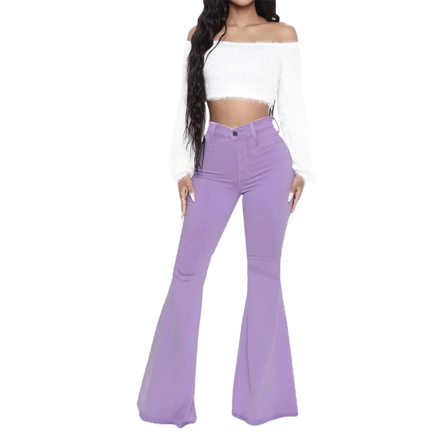 Bell Bottom Jeans for Women High Waisted Raw Hem Flared Jeans Stretch Slimming Wide Leg Flared Denim Pants (Medium,Purple)
