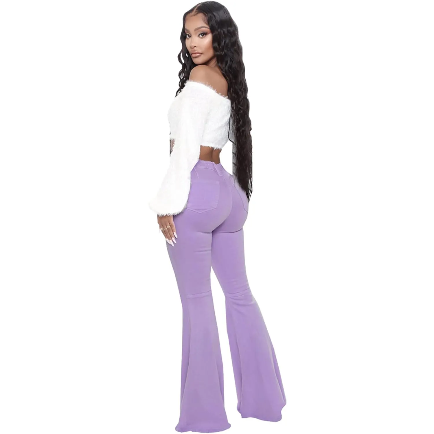 Bell Bottom Jeans for Women High Waisted Raw Hem Flared Jeans Stretch Slimming Wide Leg Flared Denim Pants (Medium,Purple)