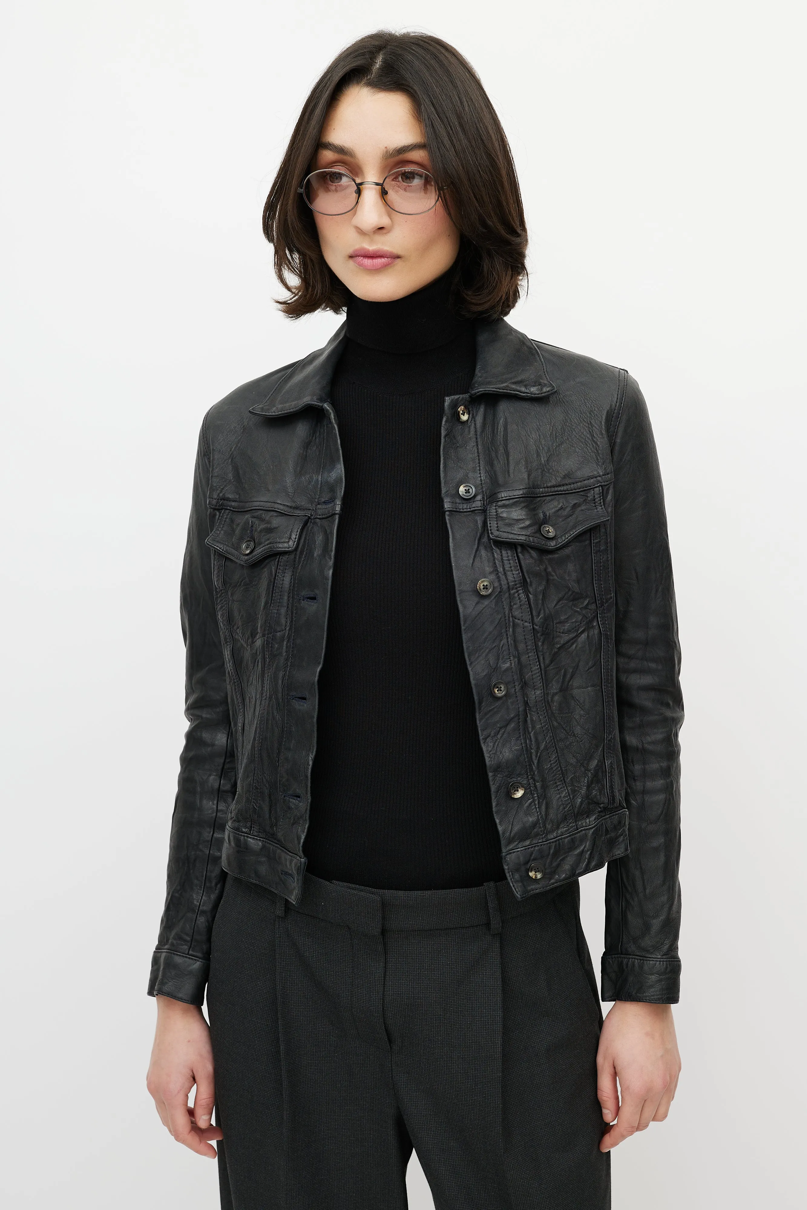 Black Leather Distressed Trucker Jacket