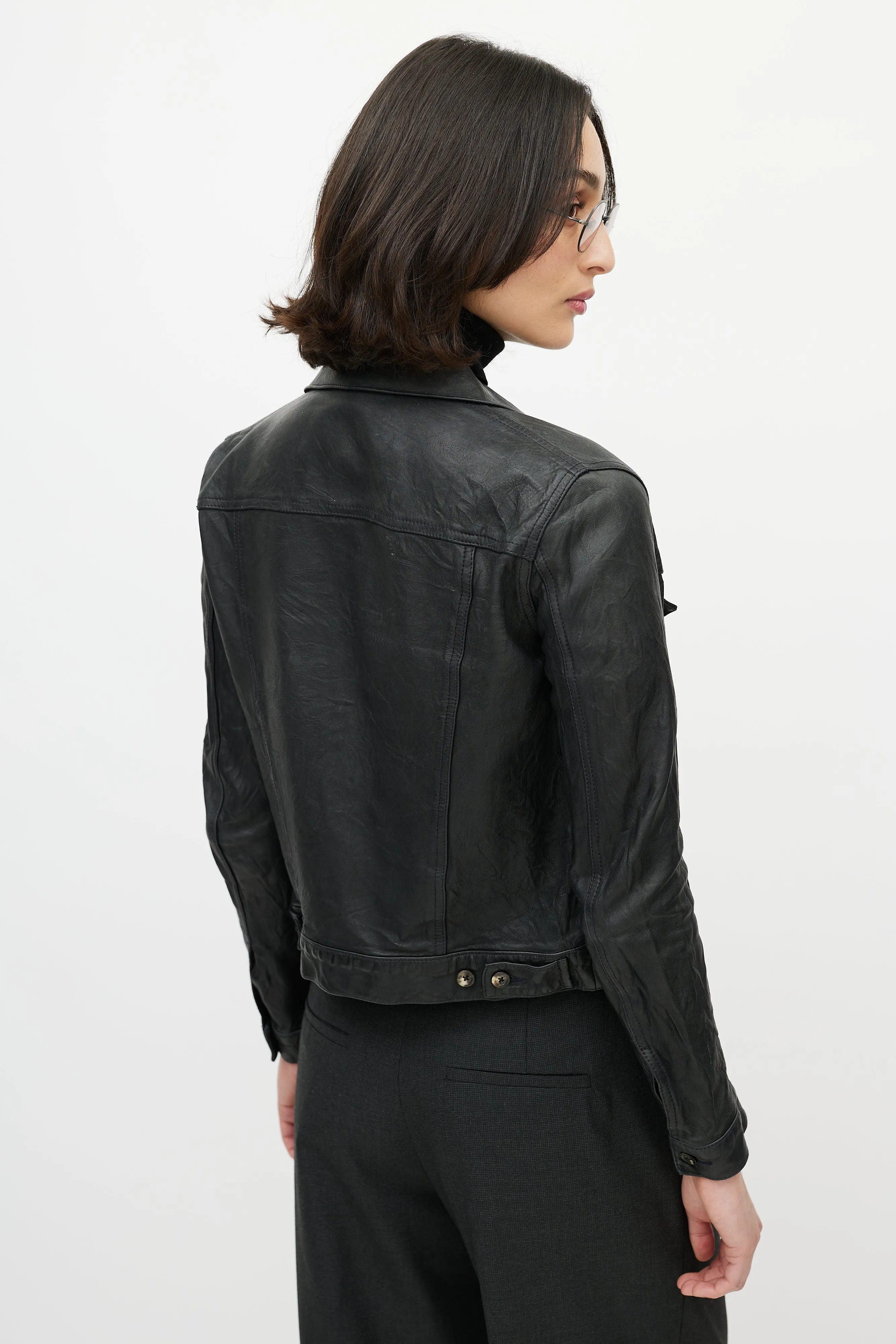 Black Leather Distressed Trucker Jacket