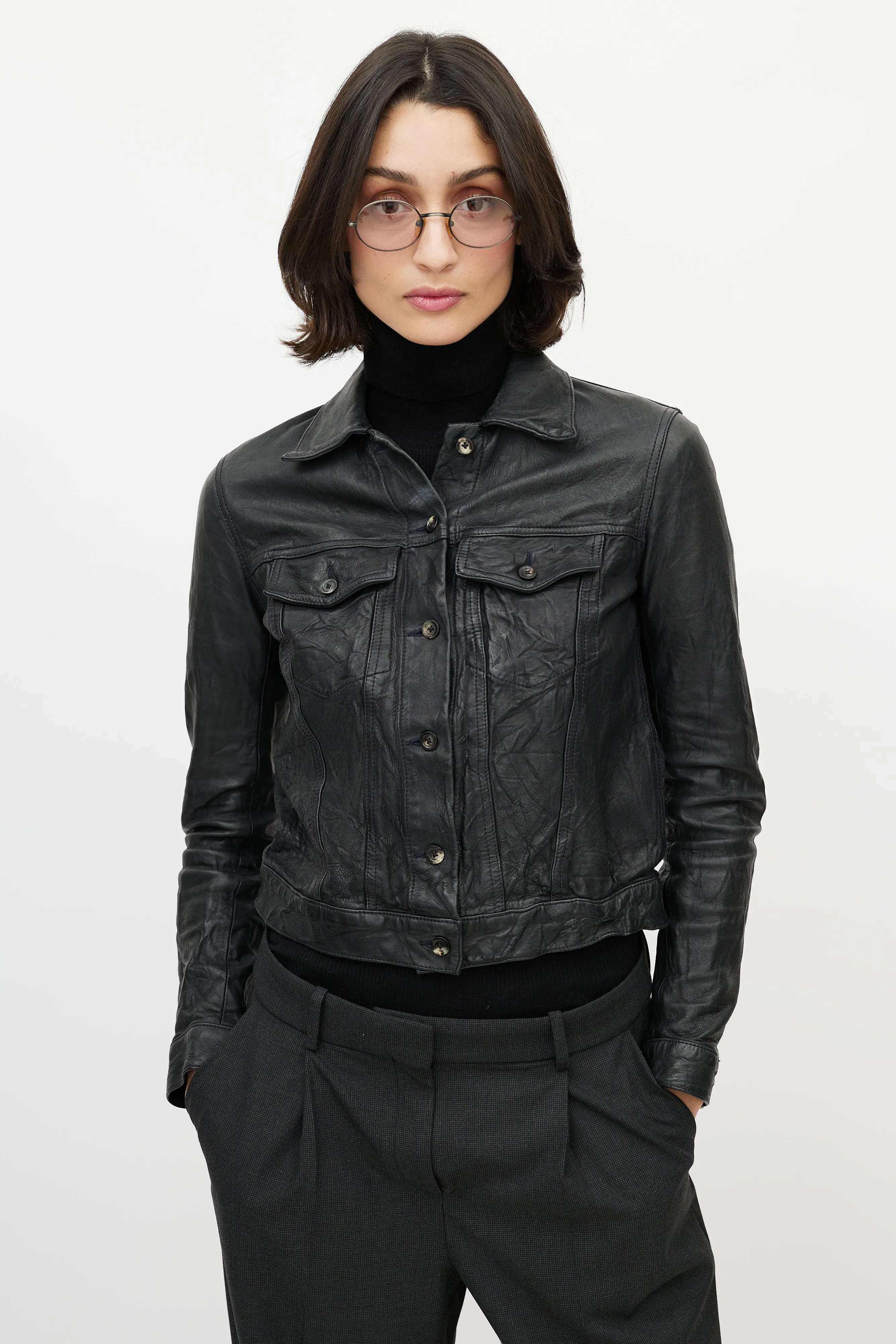 Black Leather Distressed Trucker Jacket
