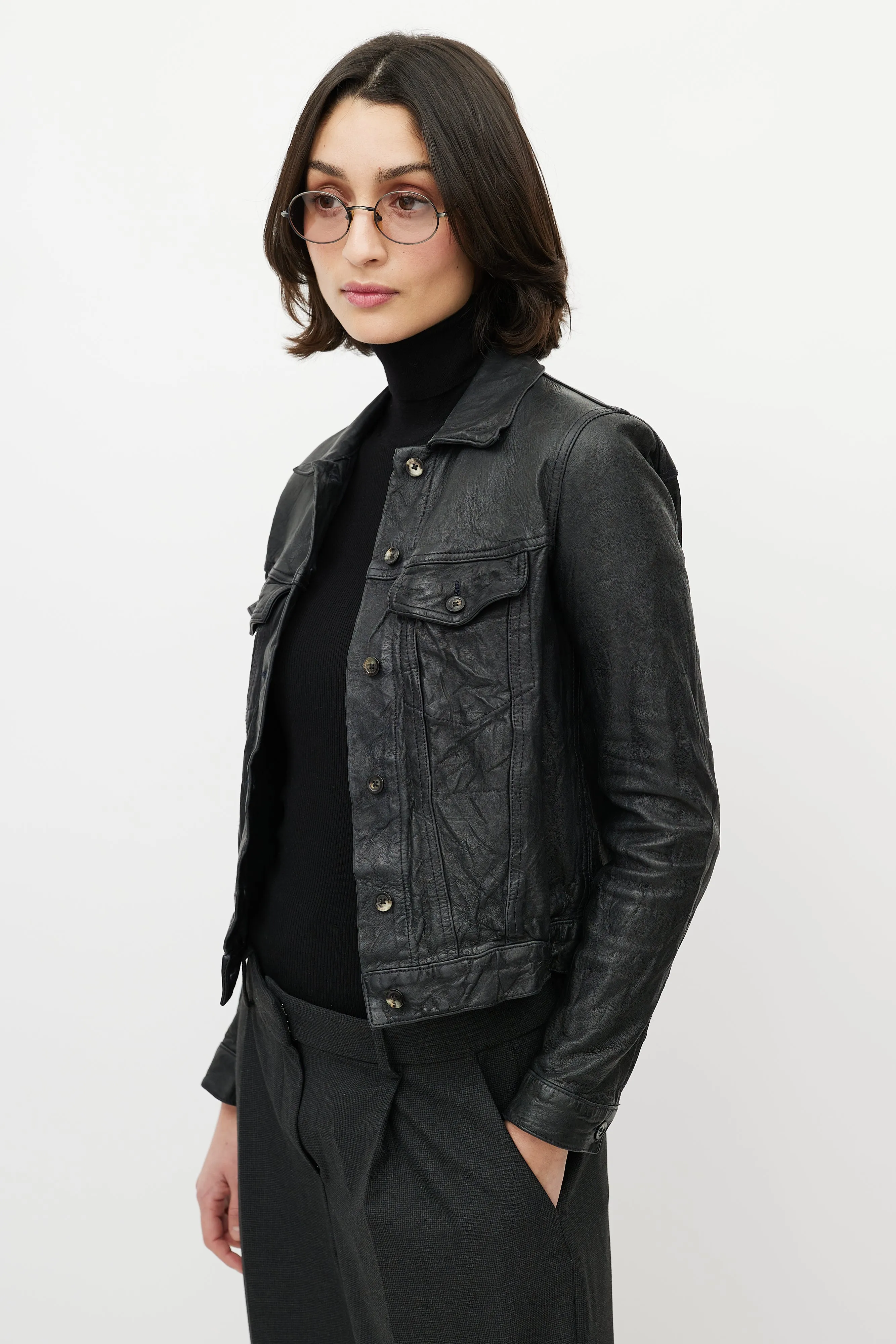 Black Leather Distressed Trucker Jacket