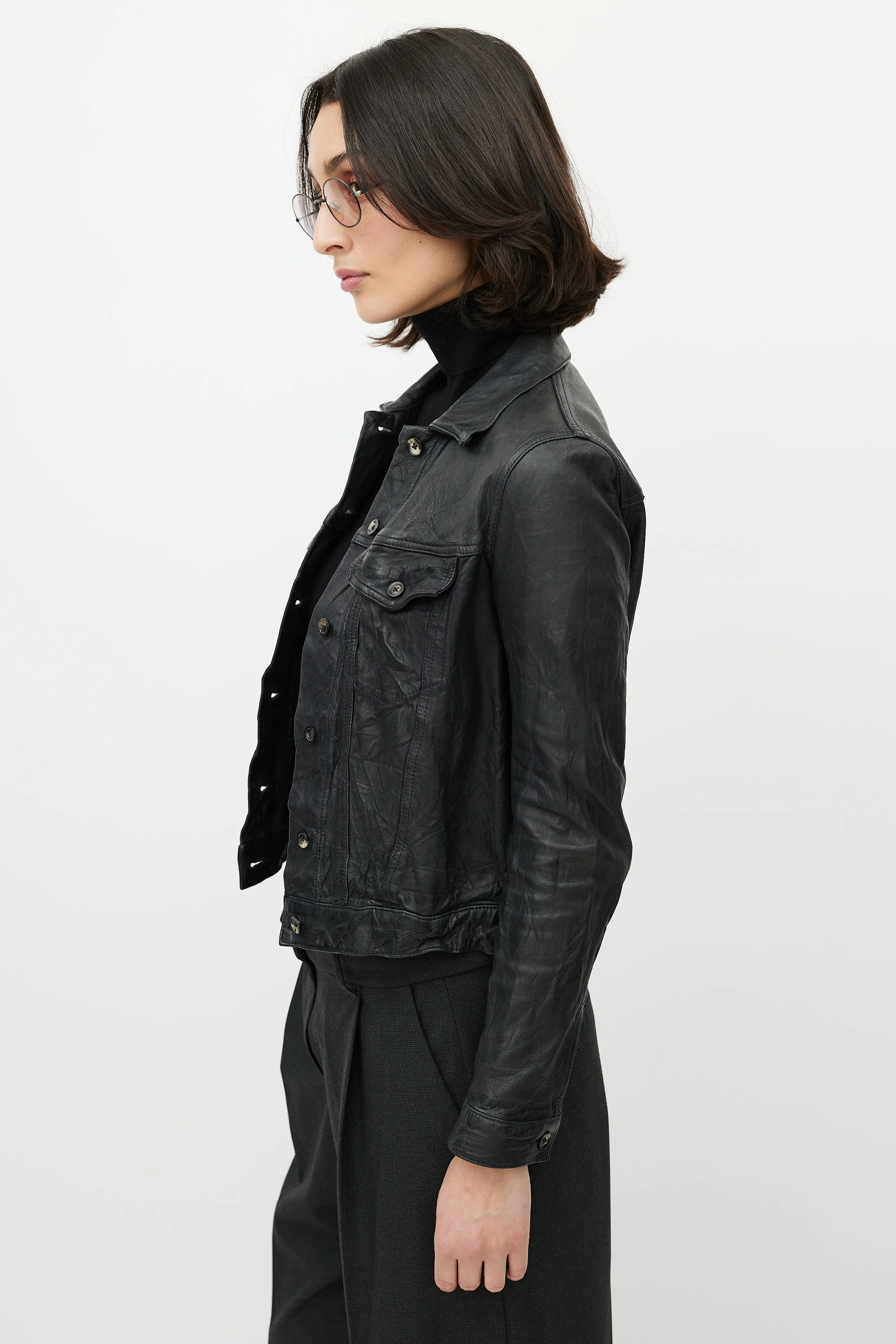 Black Leather Distressed Trucker Jacket