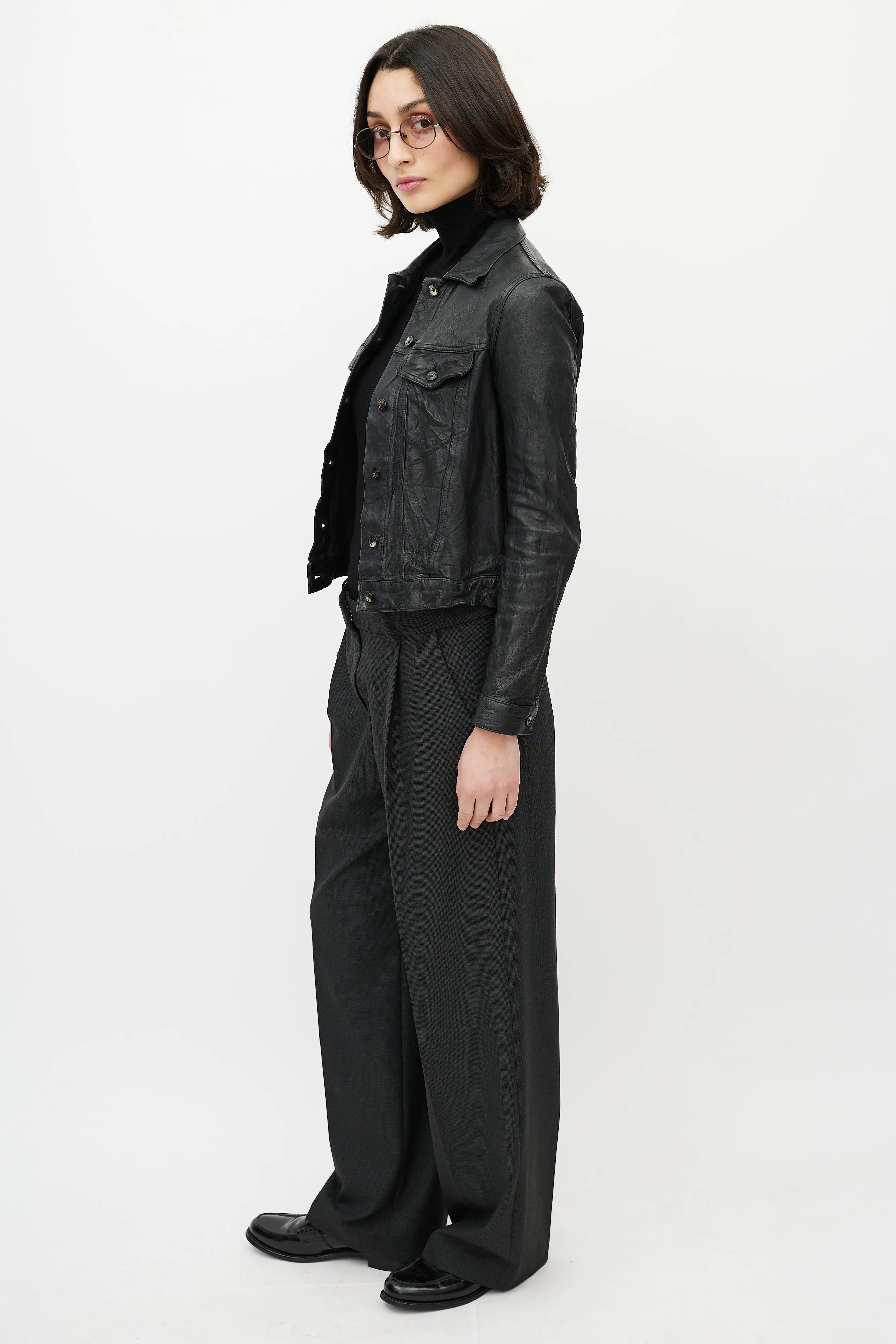 Black Leather Distressed Trucker Jacket