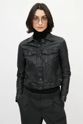 Black Leather Distressed Trucker Jacket