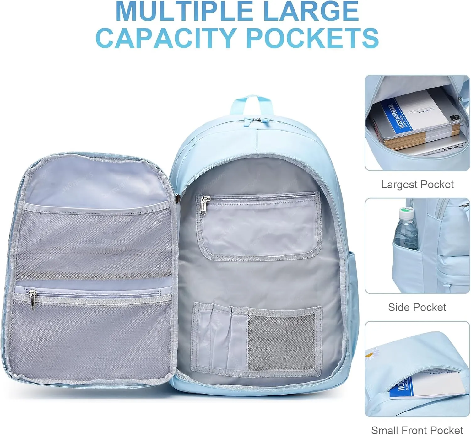 Caran·Y 38L Waterproof Kids Backpack for Boys & Girls 6-18 Yrs-Lightweight School Bookbag with 15.6" Laptop Compartment,Side Water Bottle Pockets,Durable Travel Backpack(Aqua Blue)