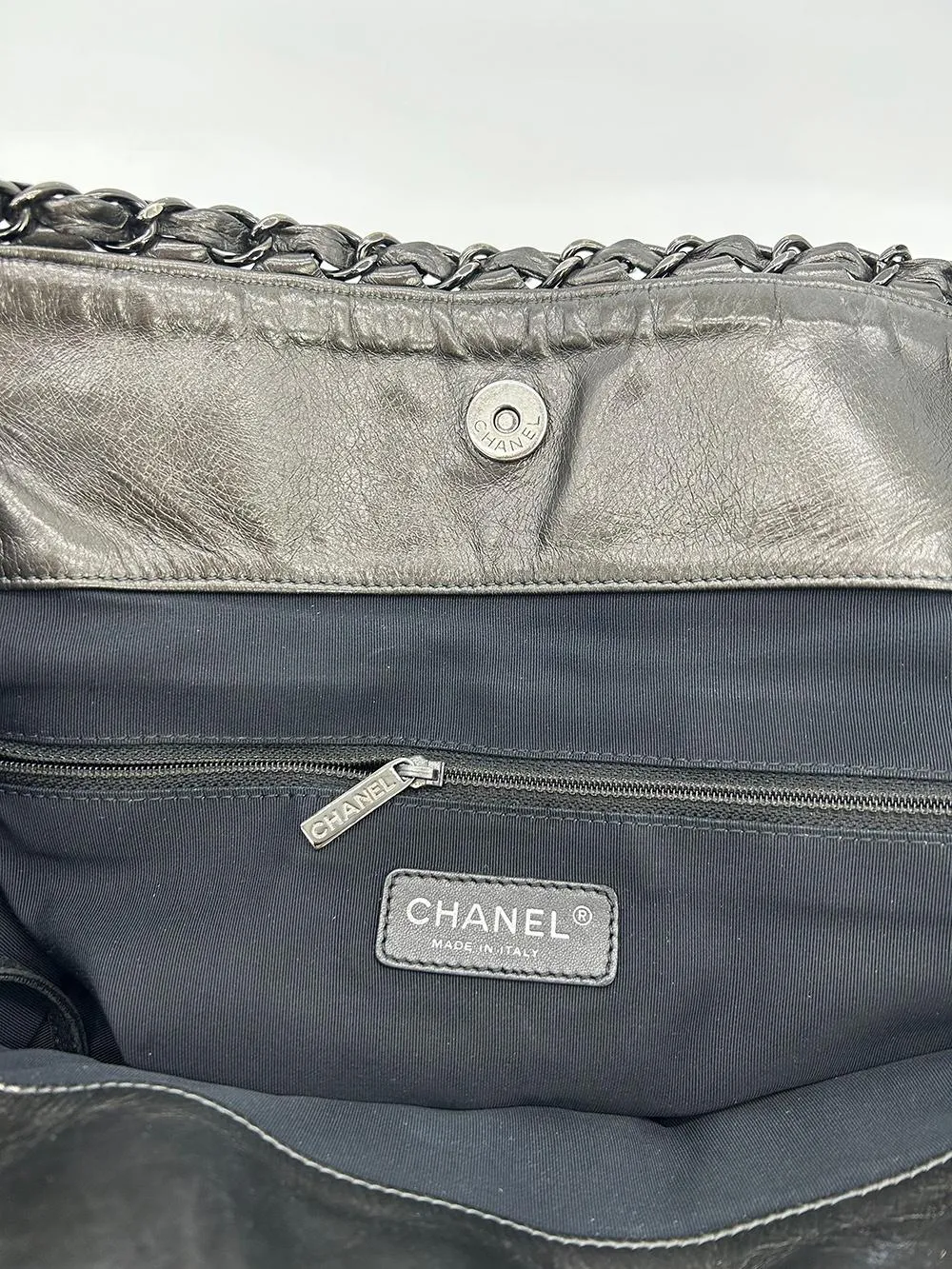 CHANEL Grey Metallic Leather Chain Me Shoulder Bag Tote