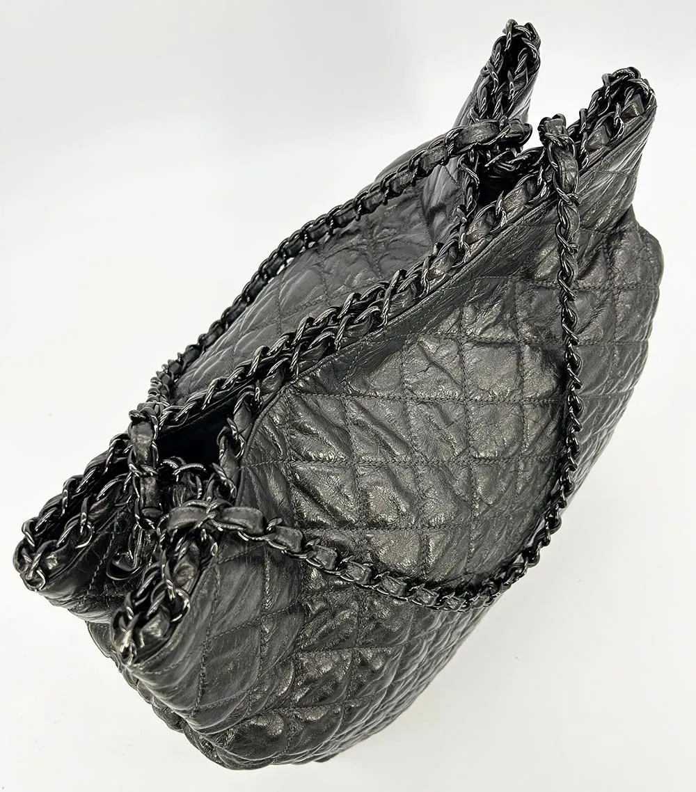 CHANEL Grey Metallic Leather Chain Me Shoulder Bag Tote