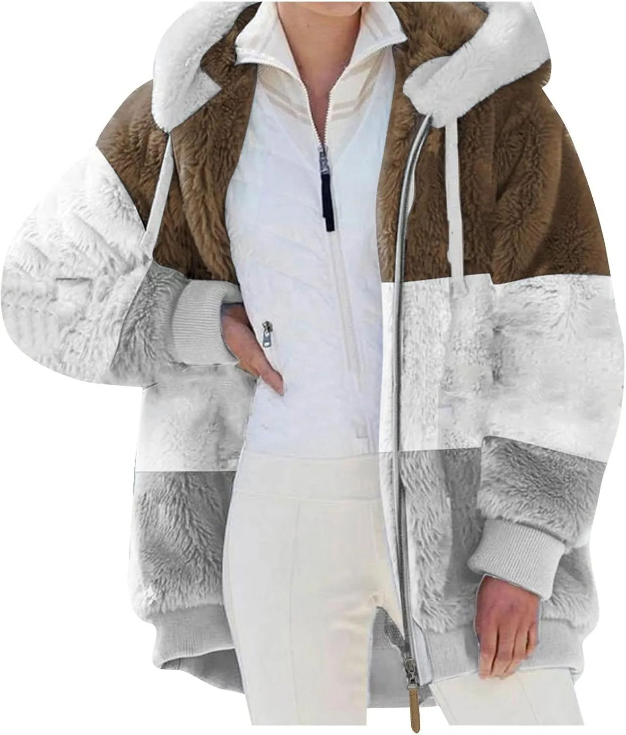 COTECRAM Winter Coats for Women 2023 Casual Plus Size Fleece Jacket Color Block Zip Up Hoodies Coat Outwear with Pockets