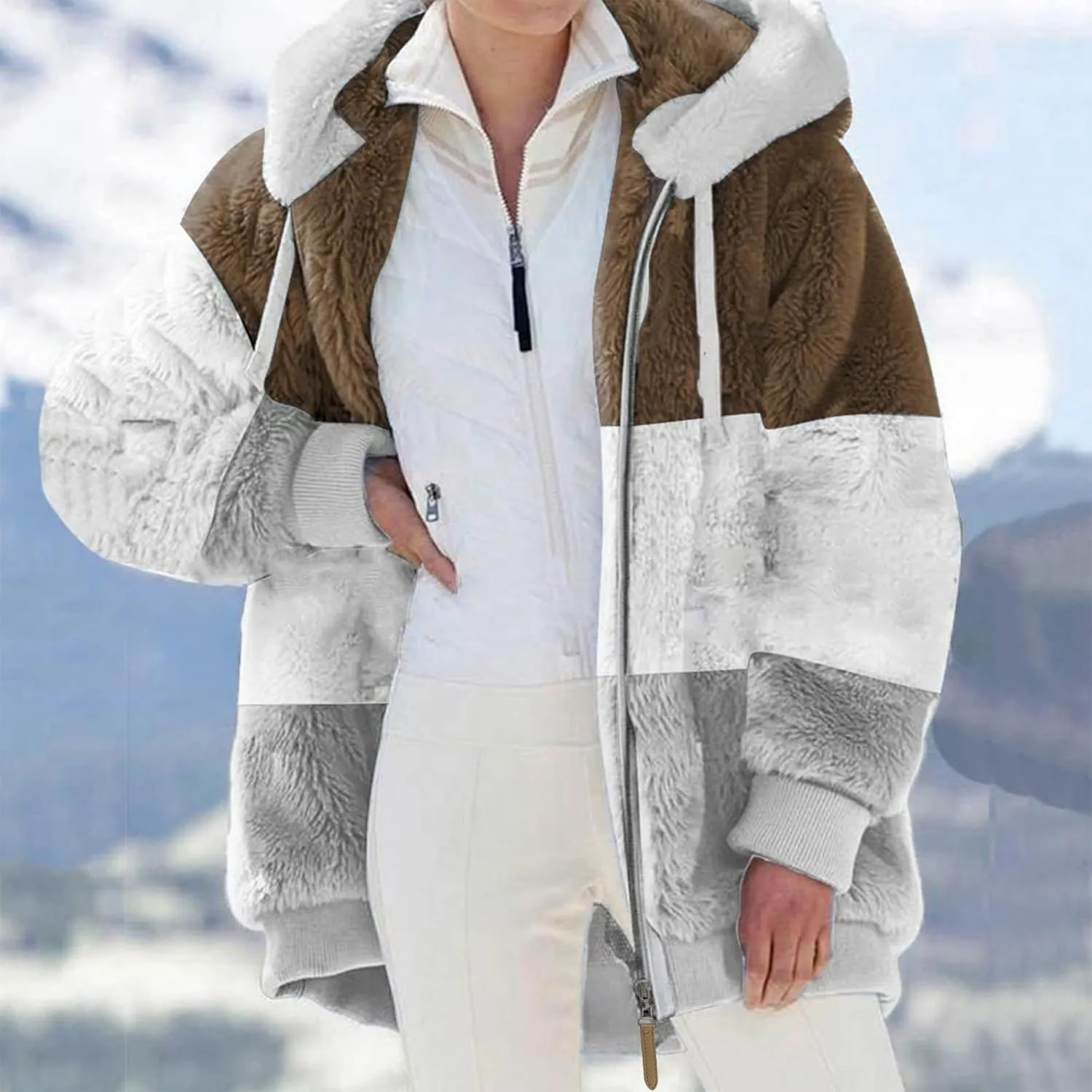 COTECRAM Winter Coats for Women 2023 Casual Plus Size Fleece Jacket Color Block Zip Up Hoodies Coat Outwear with Pockets