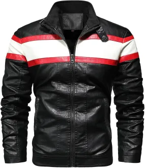 Dgoopd Men Leather Jacket Color Block Motorcycle Jacket Zip up Biker Jacket Plus Size PU Leather Coat Vintage Moto Jacket