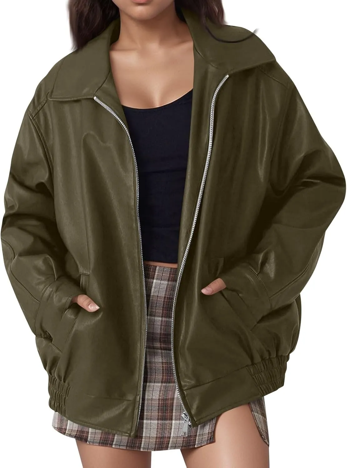 Faux Leather Jacket Women Full Zip Oversized Coats Winter Casual Motocycle Fall Jacket Winter Clothes With Pockets