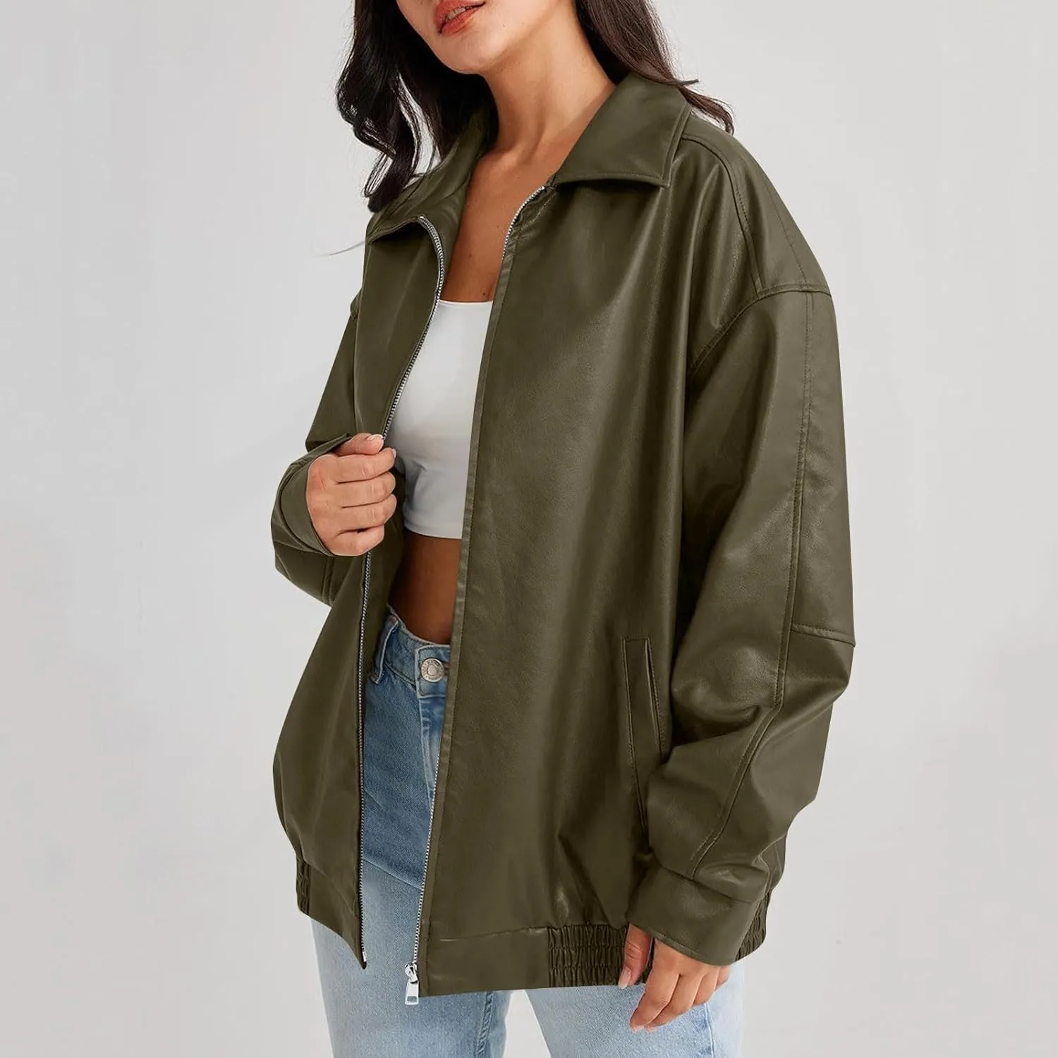Faux Leather Jacket Women Full Zip Oversized Coats Winter Casual Motocycle Fall Jacket Winter Clothes With Pockets