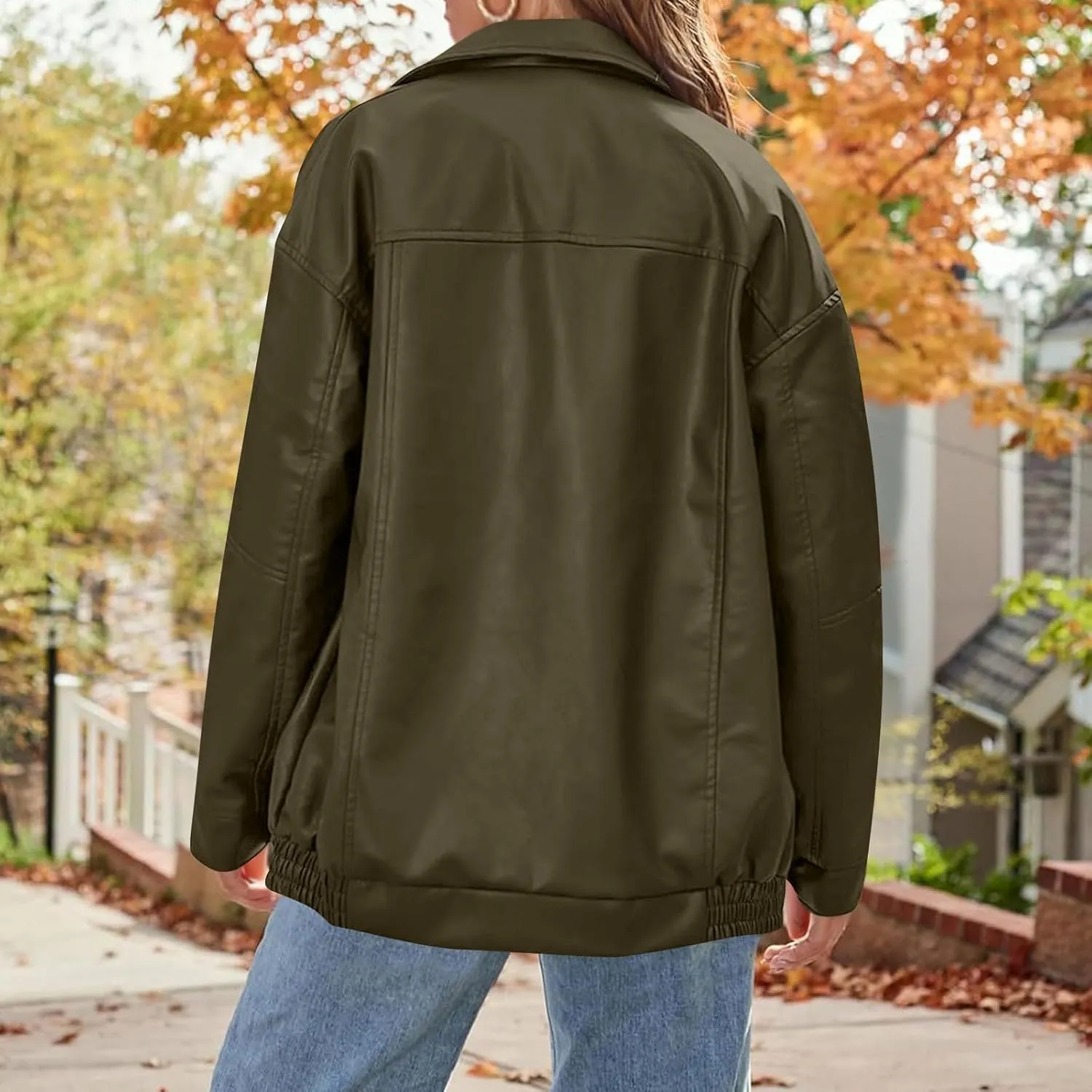 Faux Leather Jacket Women Full Zip Oversized Coats Winter Casual Motocycle Fall Jacket Winter Clothes With Pockets
