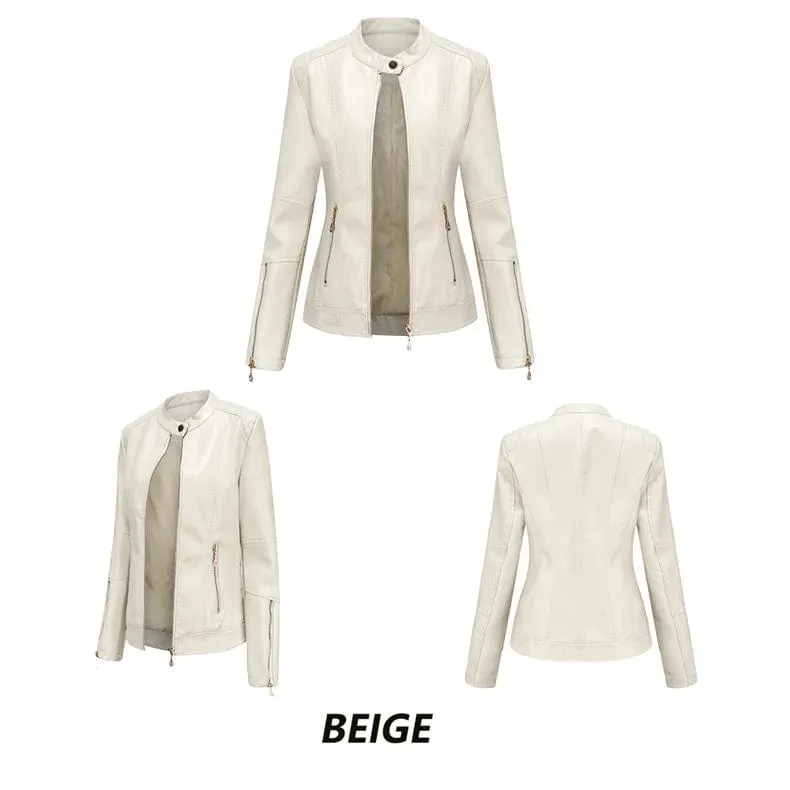 Faux Leather Women Coat Full Sleeve Round Neck Slim Fit Solid Sexy Regular Jackets Zipper