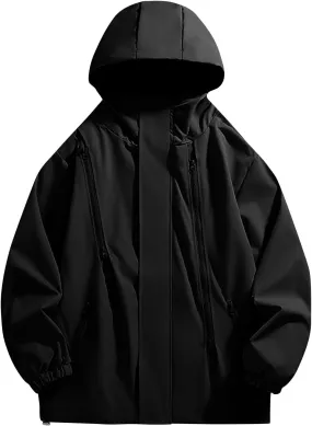 Finelylove Mens Rain Jacket Waterproof Lightweight Hooded Windbreaker Distressed Softshell Jackets Raincoat for Hiking