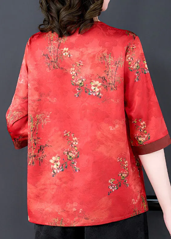 French Red O Neck Print Patchwork Silk Shirt Tops Summer LY0474