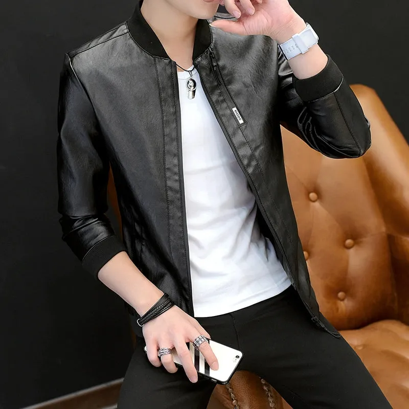 Handsome Jacket Casual K-style Lapel Spring and Autumn Leather Coat