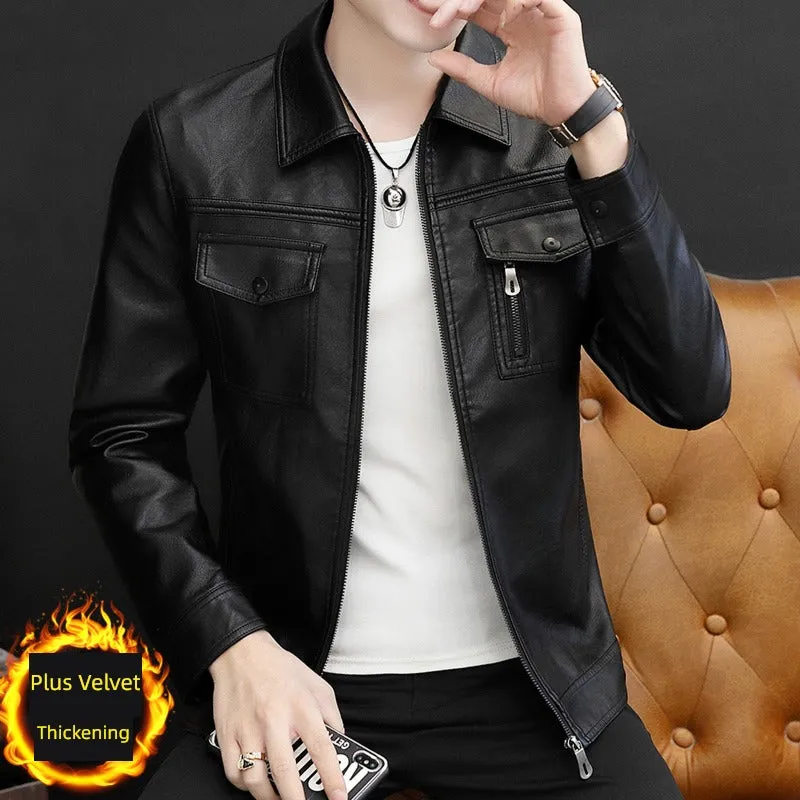 Handsome Jacket Casual K-style Lapel Spring and Autumn Leather Coat