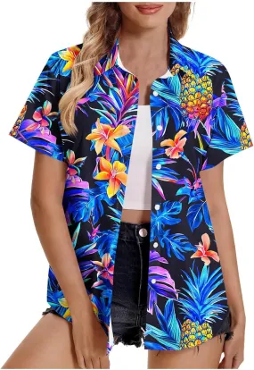 Hawaiian Shirt for Women Button Down Floral Print Short Sleeve Vacation Beach Tops Summer Plus Size Cardigan Blouse