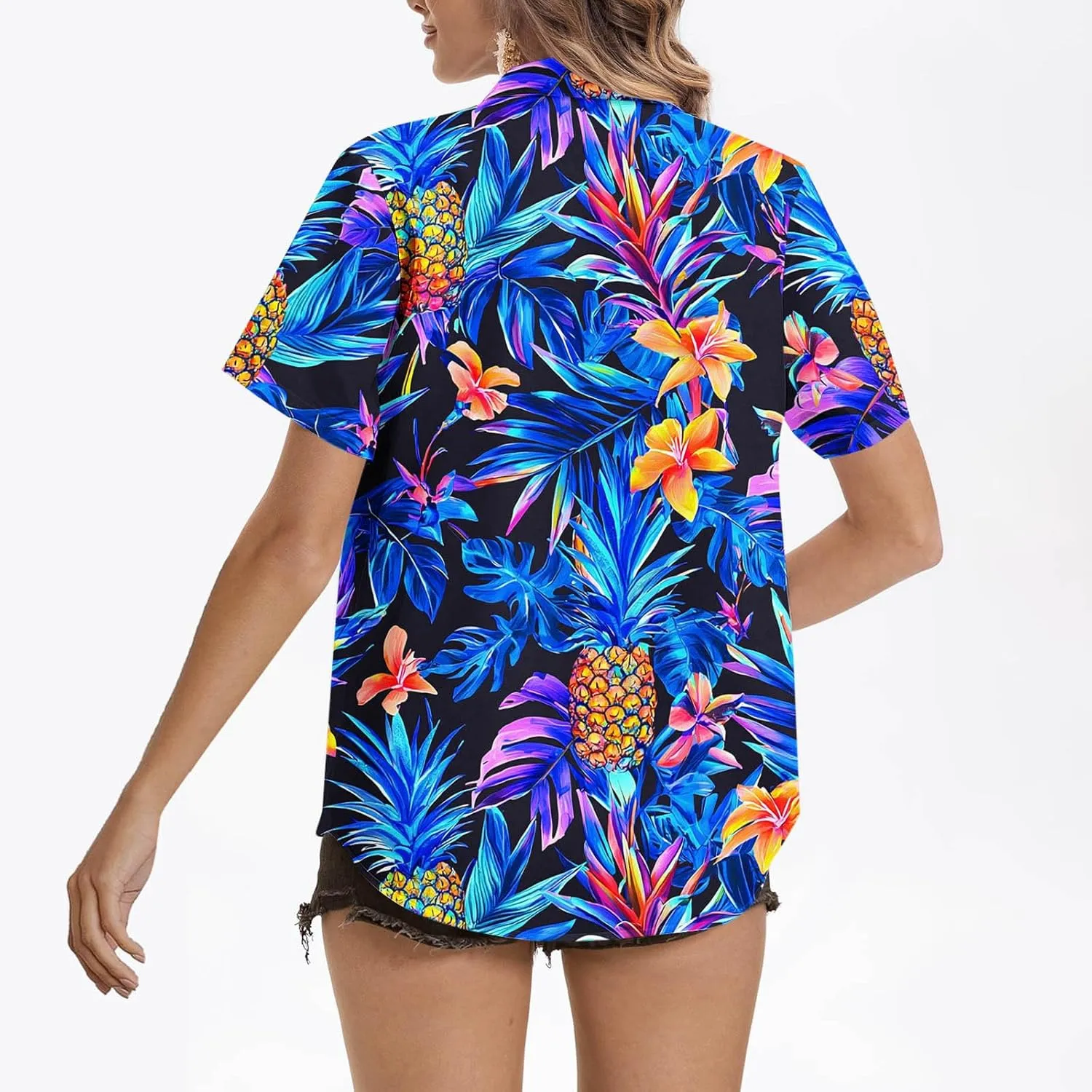 Hawaiian Shirt for Women Button Down Floral Print Short Sleeve Vacation Beach Tops Summer Plus Size Cardigan Blouse