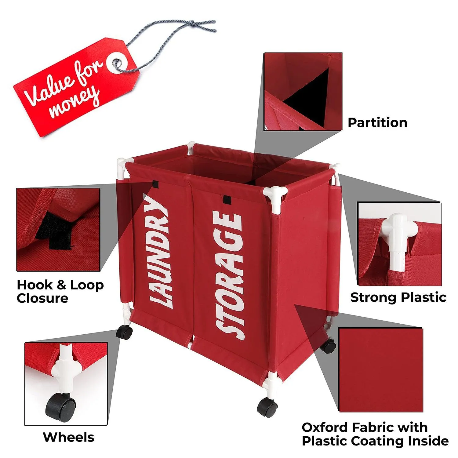 HOKIPO Oxford Fabric Laundry 2 Compartment Basket Trolley With Wheels - 65x61x35 cm, Red