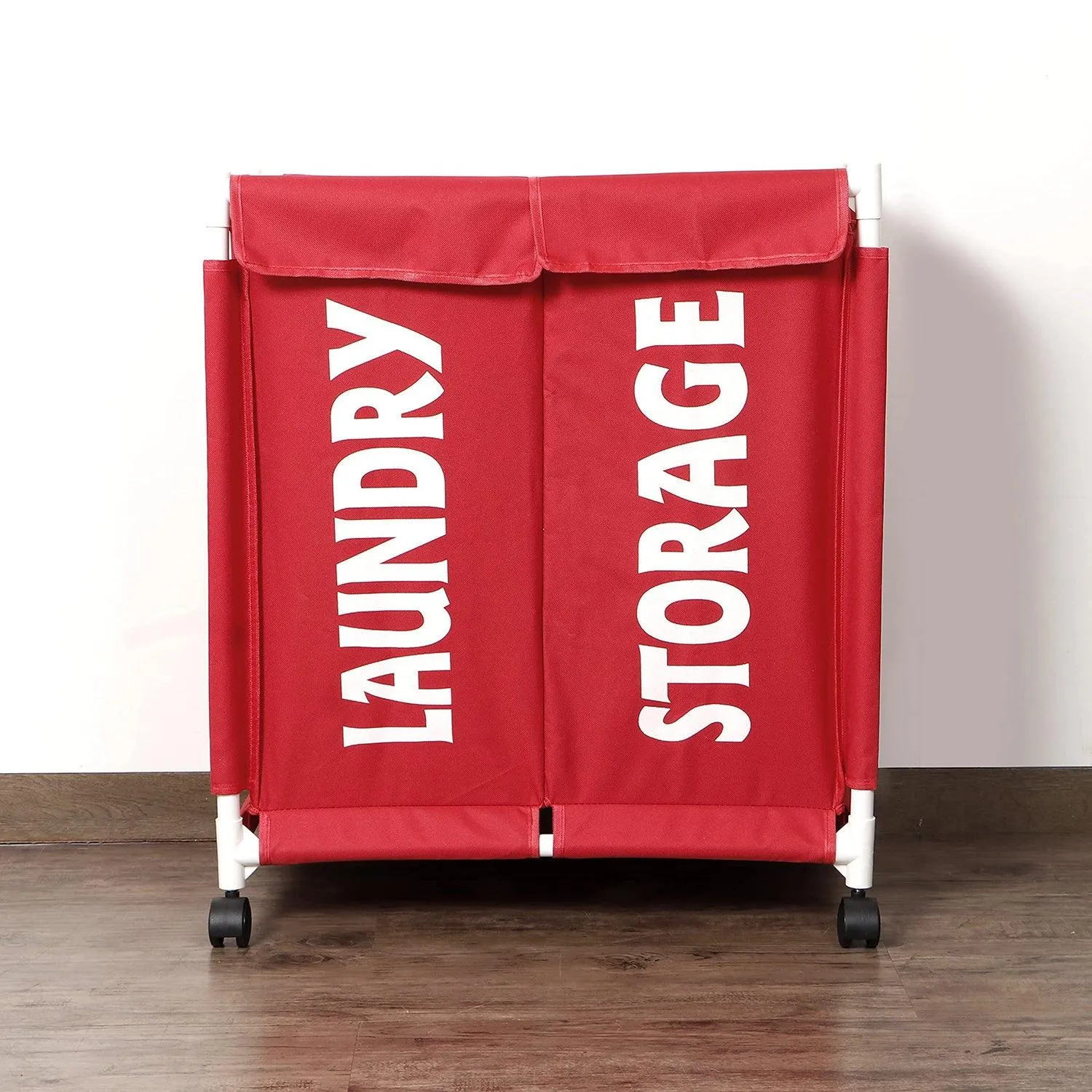 HOKIPO Oxford Fabric Laundry 2 Compartment Basket Trolley With Wheels - 65x61x35 cm, Red