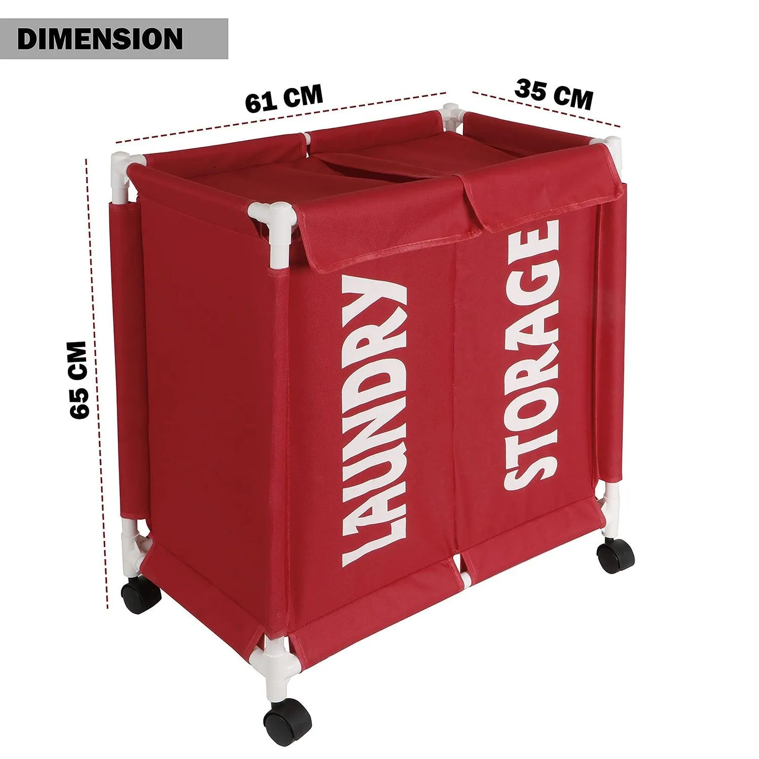 HOKIPO Oxford Fabric Laundry 2 Compartment Basket Trolley With Wheels - 65x61x35 cm, Red