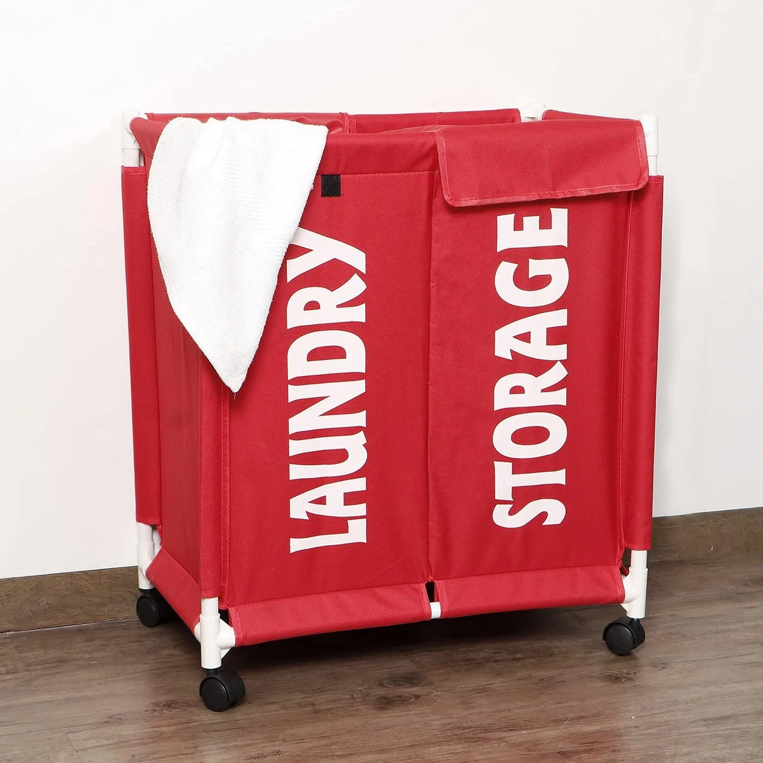 HOKIPO Oxford Fabric Laundry 2 Compartment Basket Trolley With Wheels - 65x61x35 cm, Red
