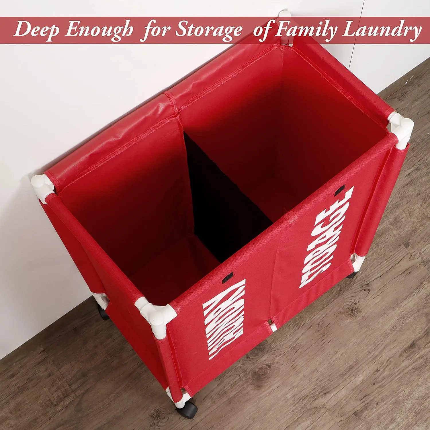 HOKIPO Oxford Fabric Laundry 2 Compartment Basket Trolley With Wheels - 65x61x35 cm, Red