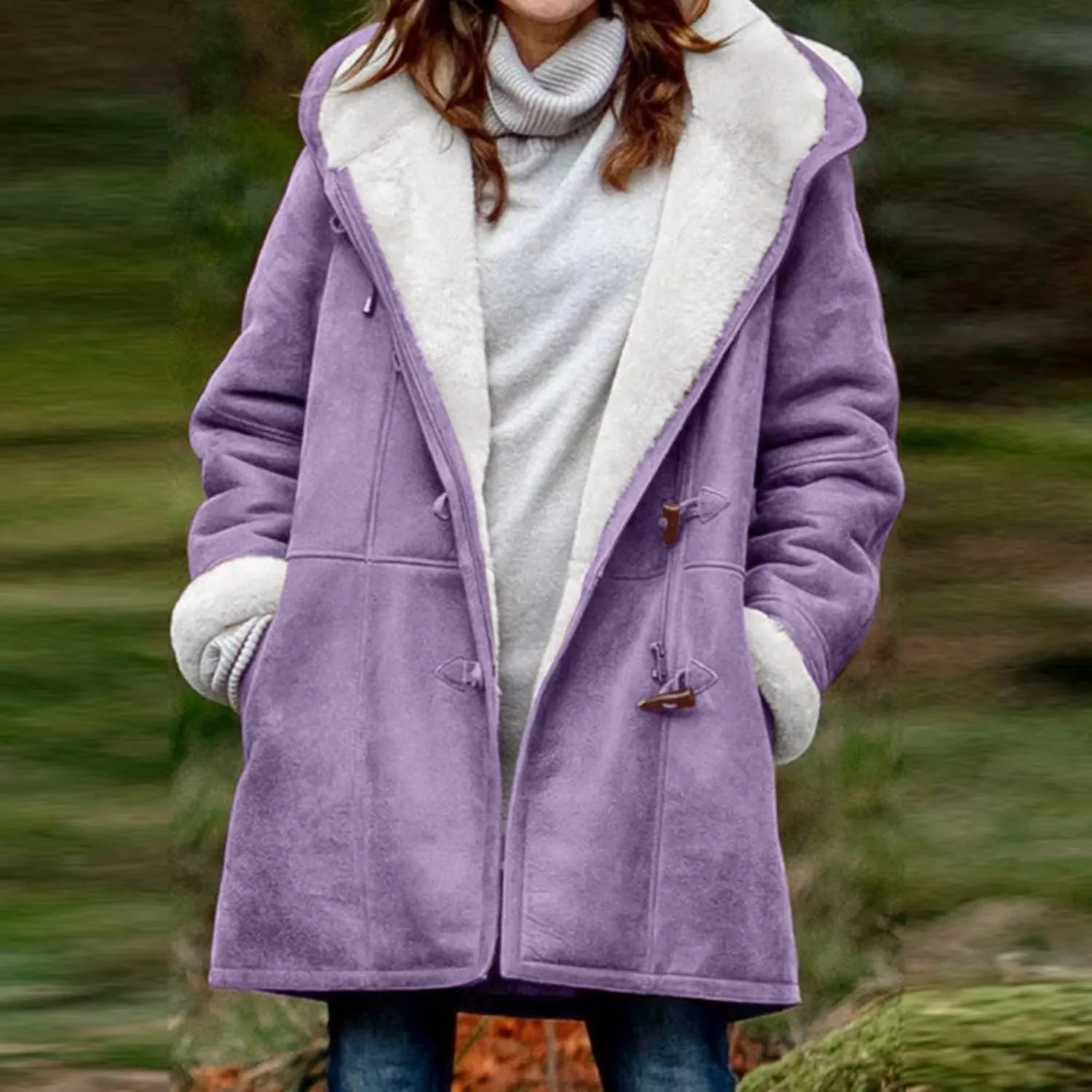 Jackets for Women 2024 Warm Sherpa Fleece Lined Distressed Jackets Hooded Parka Faux Suede Pea Coat Outerwear
