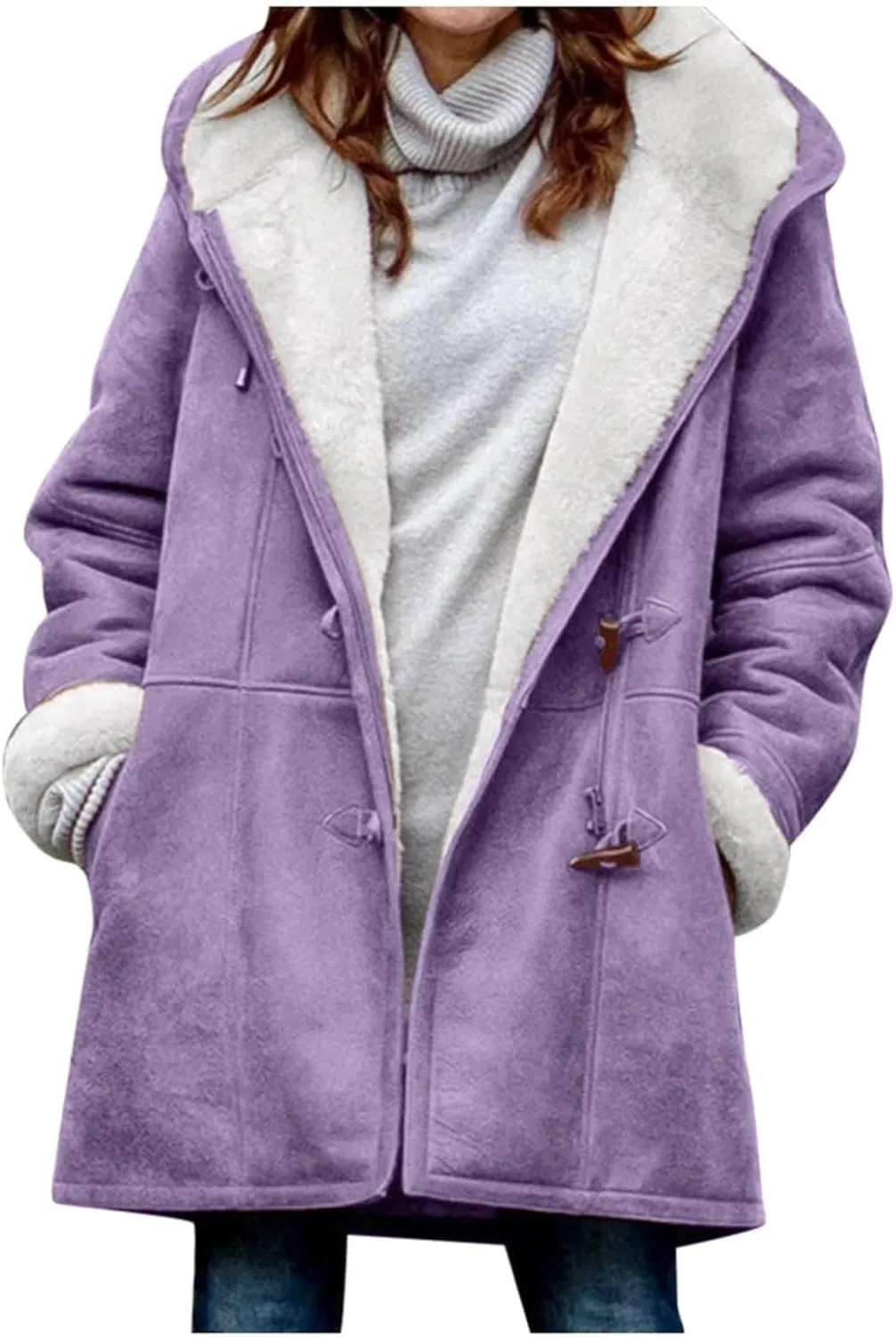 Jackets for Women 2024 Warm Sherpa Fleece Lined Distressed Jackets Hooded Parka Faux Suede Pea Coat Outerwear