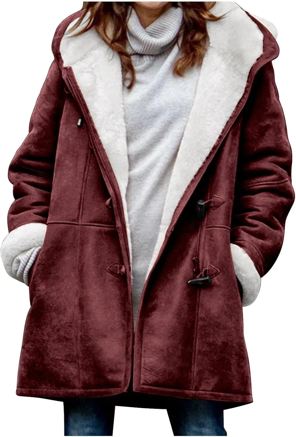 Jackets for Women 2024 Warm Sherpa Fleece Lined Distressed Jackets Hooded Parka Faux Suede Pea Coat Outerwear
