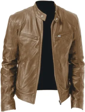 Leather Jacket Men Big And Tall Zip Up Stand Collar Jackets Cool Faux Leather Motocycle Coats Casual Stylish Outwear
