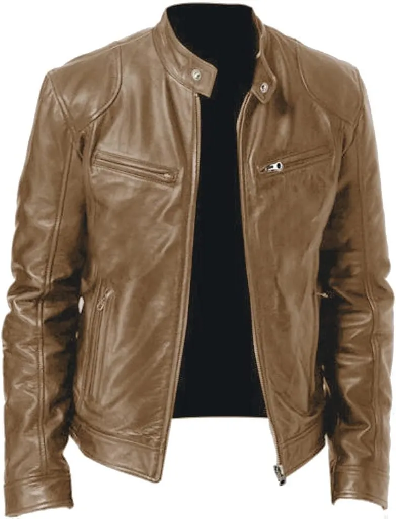 Leather Jacket Men Big And Tall Zip Up Stand Collar Jackets Cool Faux Leather Motocycle Coats Casual Stylish Outwear