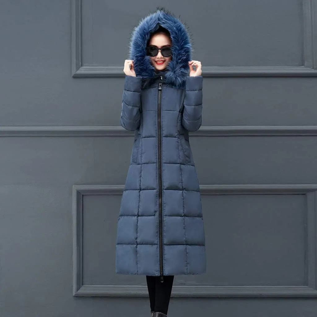 Long Down Winter Coats For Women Thicken Down Coats Full Zip Long Puffer Jacket Fur Hooded Quilted Parka Padded Jacket