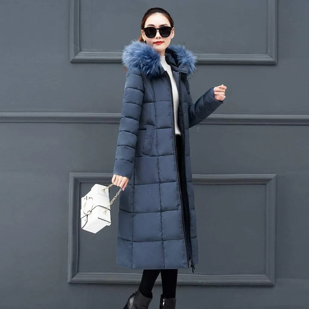 Long Down Winter Coats For Women Thicken Down Coats Full Zip Long Puffer Jacket Fur Hooded Quilted Parka Padded Jacket