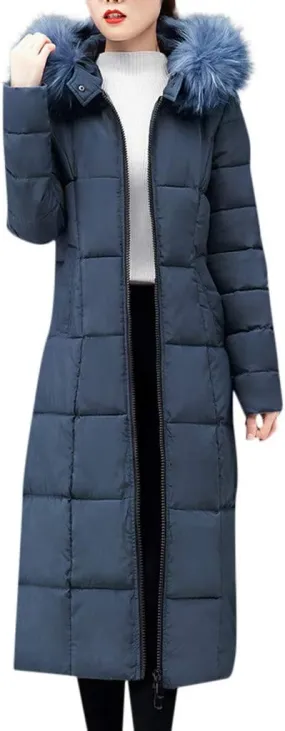 Long Down Winter Coats For Women Thicken Down Coats Full Zip Long Puffer Jacket Fur Hooded Quilted Parka Padded Jacket