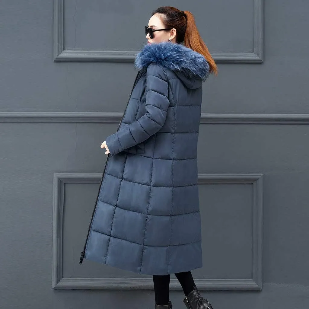 Long Down Winter Coats For Women Thicken Down Coats Full Zip Long Puffer Jacket Fur Hooded Quilted Parka Padded Jacket