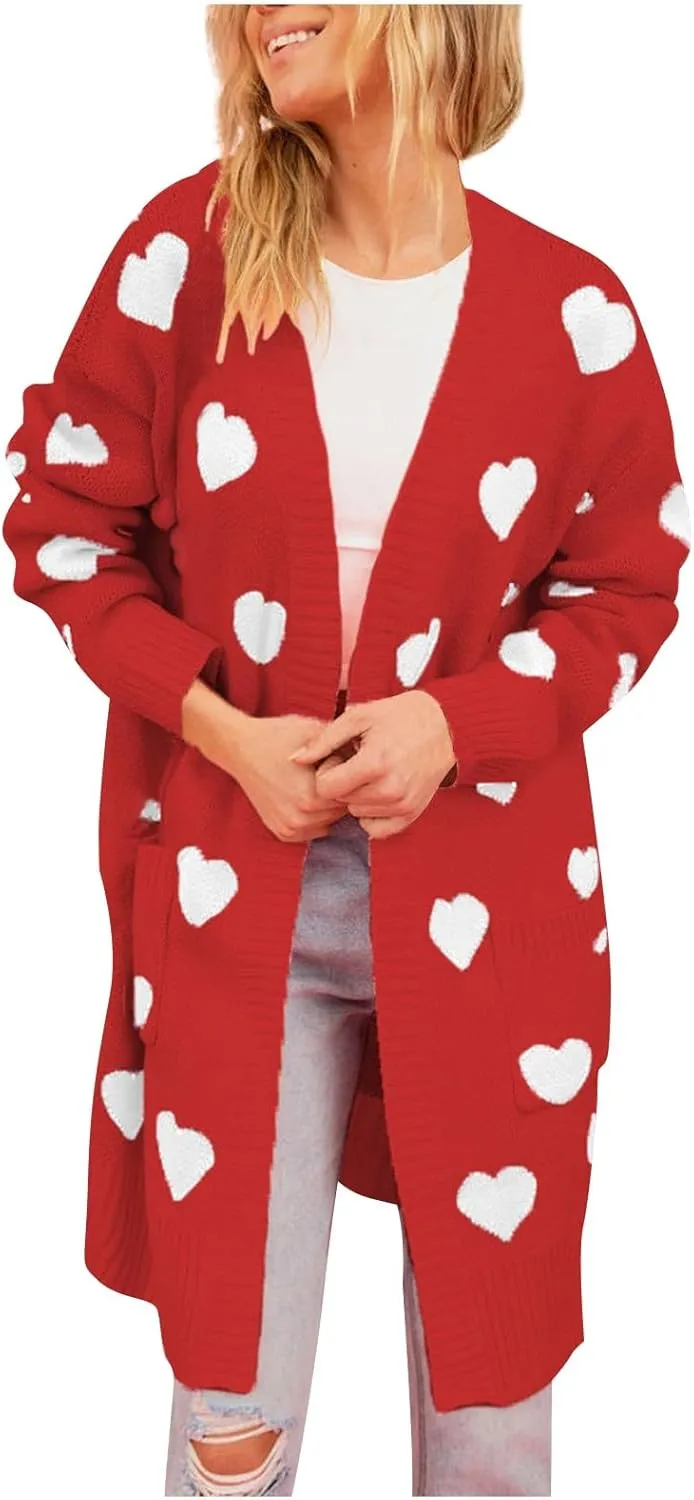 Long Oversized Cardigans Sweaters for Women Open Front Long Sleeve Knit Chunky Fall Heart Print Sweaters with Pockets