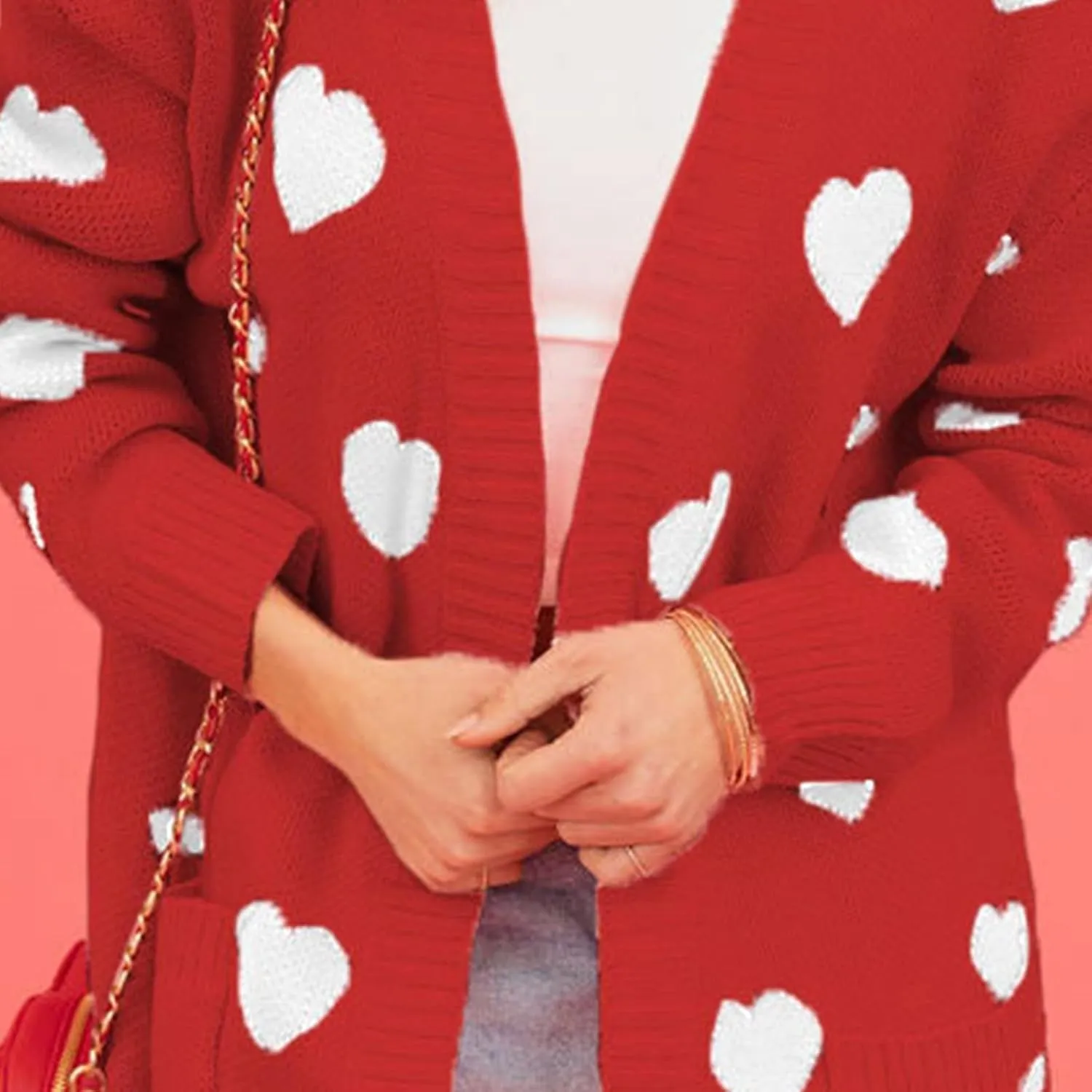 Long Oversized Cardigans Sweaters for Women Open Front Long Sleeve Knit Chunky Fall Heart Print Sweaters with Pockets