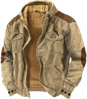 Mens Zip Up Western Tactical Jackets Vintage Distressed Fleece Lined Trucker Jackets Suede Winter Warm Chore Coats